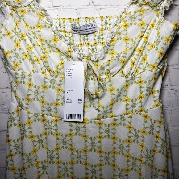 Urban Outfitters Yellow Floral Print Smocked Square Neck Tie Front Mini Dress M - Picture 4 of 7